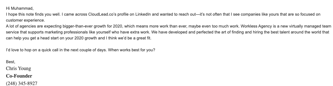cold email personalized example cloudlead